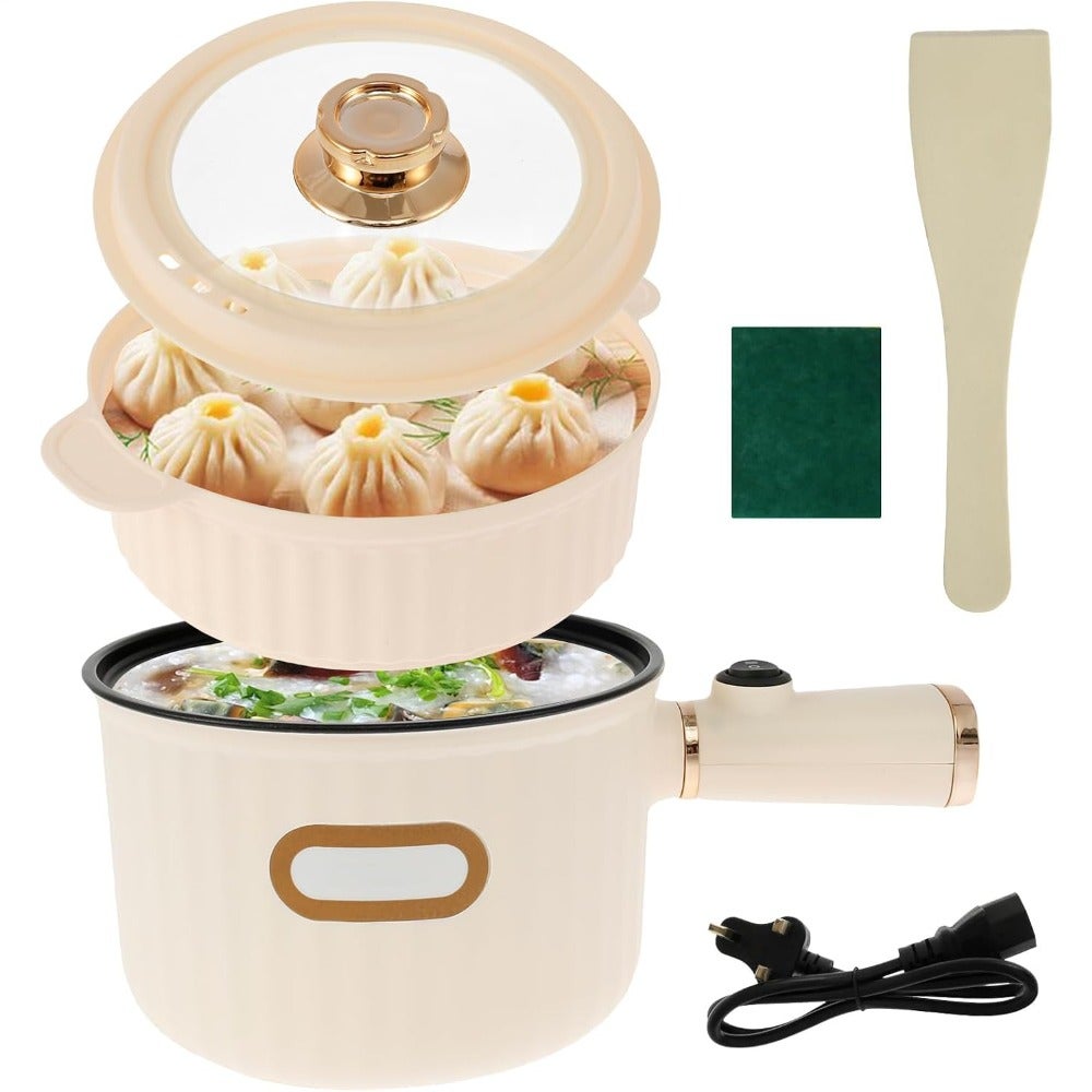 Portable electric hot pot with steamer for stir fry, soup, noodles; non-stick 1.6L pan; black; adjustable double power control, multi-function cooking