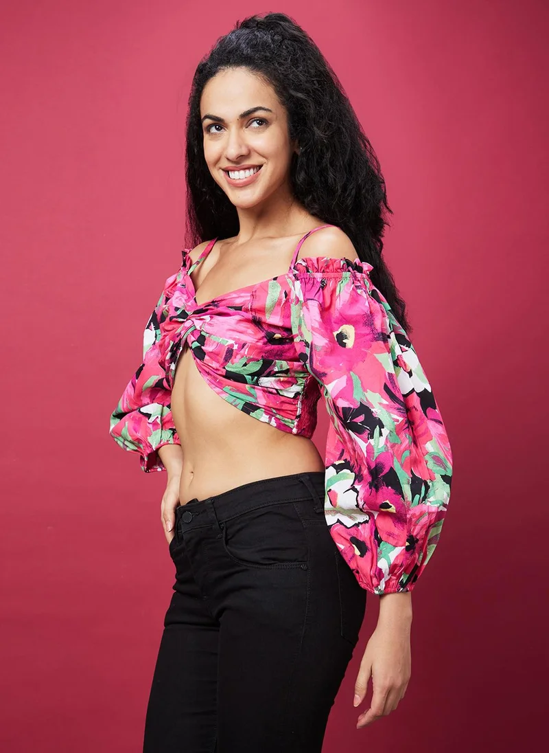 globus Globus Women Pink Floral Printed Sweetheart Neck Smocked Detailed Pure Cotton Crop Top