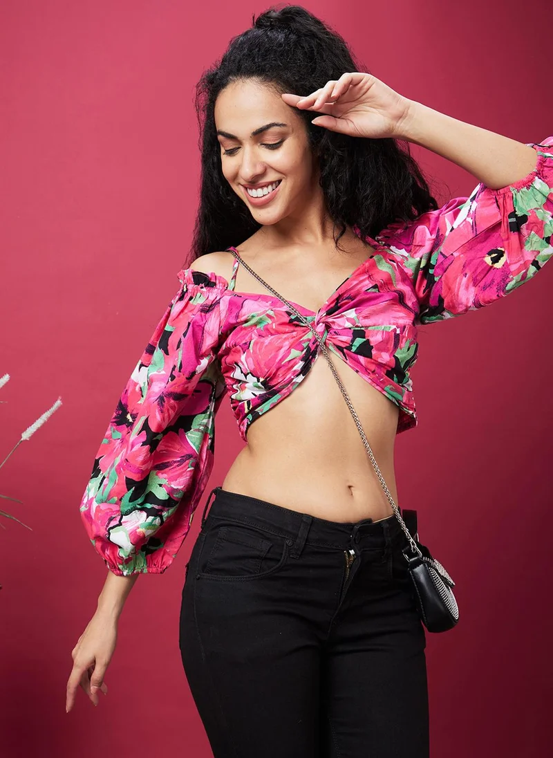 globus Globus Women Pink Floral Printed Sweetheart Neck Smocked Detailed Pure Cotton Crop Top