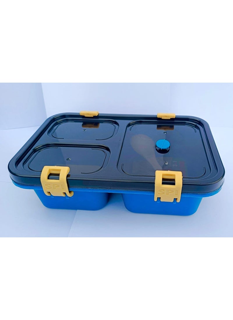 Generic CHAALI Plastic 3Compartment Lunch Box with 2 in 1 Spoon 1000 ml Capacity Airtight Seal Lock BPA Free Pack of 2 Blue  - Image 3