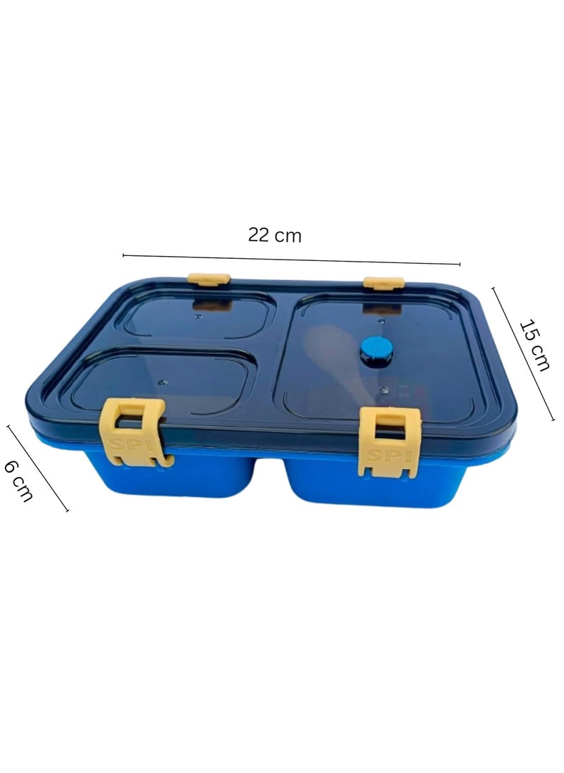 Generic CHAALI Plastic 3Compartment Lunch Box with 2 in 1 Spoon 1000 ml Capacity Airtight Seal Lock BPA Free Pack of 2 Blue  - Image 2