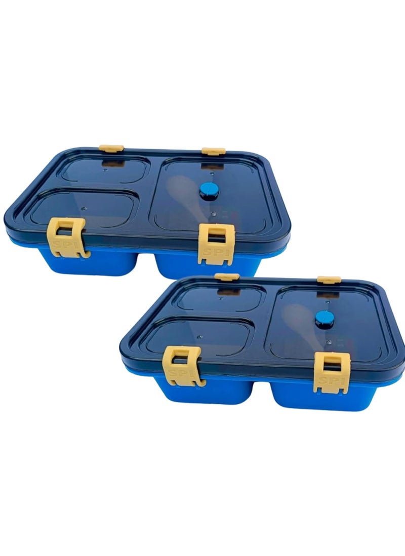 Generic CHAALI Plastic 3Compartment Lunch Box with 2 in 1 Spoon 1000 ml Capacity Airtight Seal Lock BPA Free Pack of 2 Blue  - Image 1
