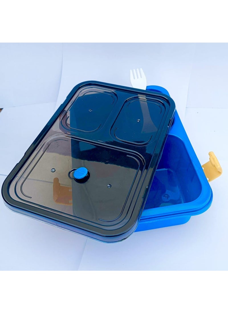 Generic CHAALI Plastic 3Compartment Lunch Box with 2 in 1 Spoon 1000 ml Capacity Airtight Seal Lock BPA Free Pack of 2 Blue  - Image 4