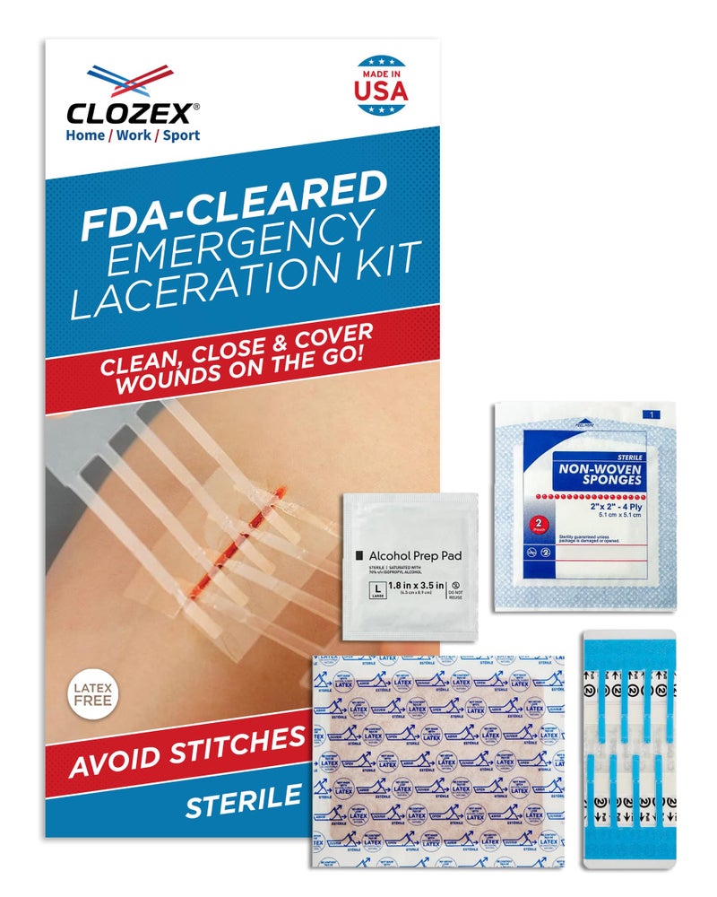 Clozex Emergency Laceration Kit - Repair Wounds Without Stitches, Skin Closure Device for a Wound Up to 1 1/2 Inches Length. Complete Kit to Clean, Close, & Cover Wounds - Image 1