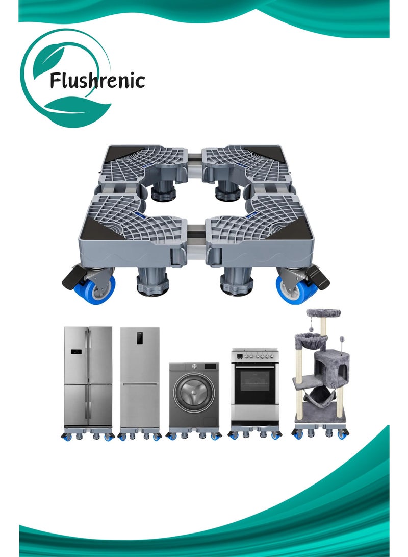 Flushrenic Refrigerator stand, four-wheel mobile washing machine support frame with shock-absorbing pads, soft tape measure and spirit level. Fitted with eight heavy-duty adjustable castors and reinforced base. Suitable for moving washing machines, tumble dryers and refrigerators. - Image 1