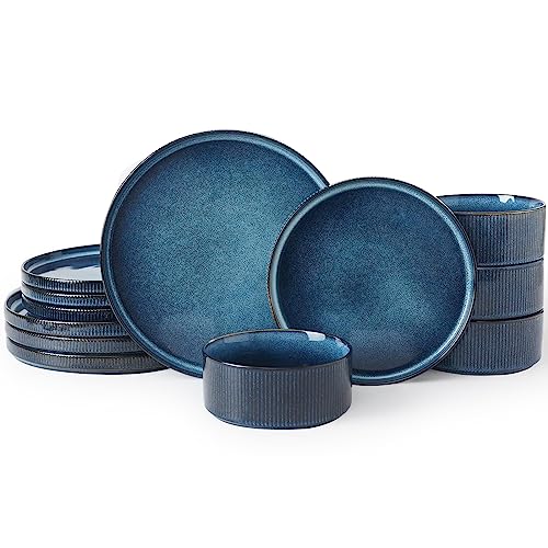 Famiware Star Dinnerware Sets Plates and Bowls Set for 4 12 Pieces Dishes  Chip and Scratch Resistant Microwave and Dishwasher Safe Kitchen Set Nebulas Blue