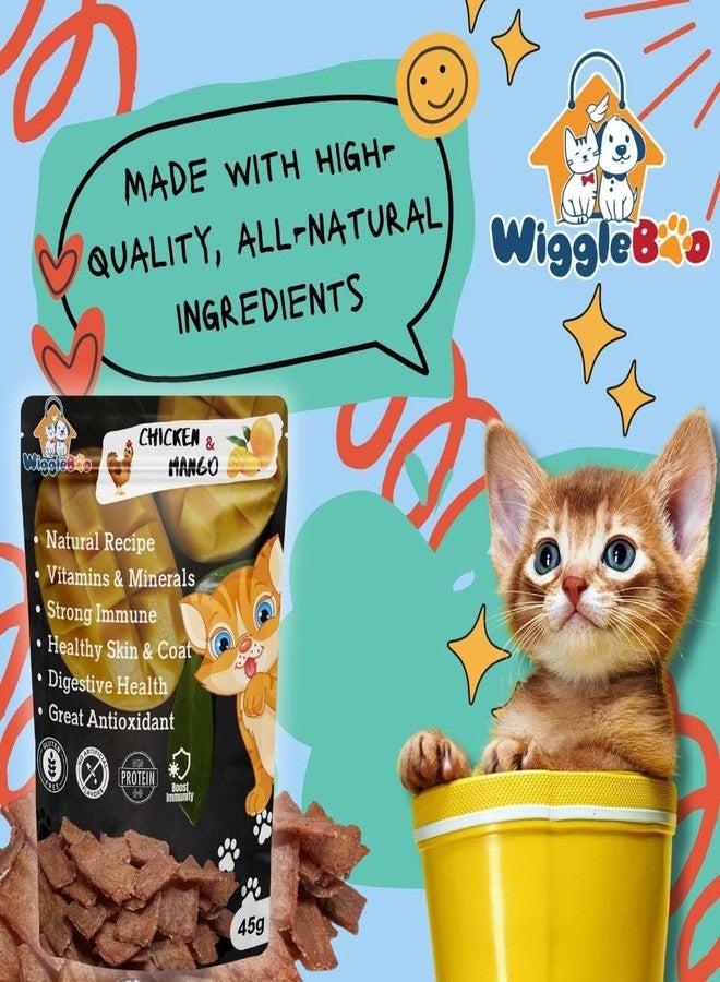 WiggleBoo مكافآت ويغل بو للقطط بنكهة الدجاج والمانجو | غنية بالبروتين | غنية بالألياف | وجبات خفيفة صحية مقرمشة (45 غرام) - Image 2