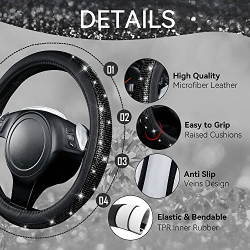 11 PCS Bling Diamond Car Accessories for Women, Sparkly Rhinestone, Bling Seat Belt Cushion, Glitter Shift Knob Cover, Car Cup Holder Coaster, Cute Interior Sets Black - Image 4