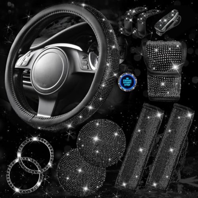11 PCS Bling Diamond Car Accessories for Women, Sparkly Rhinestone, Bling Seat Belt Cushion, Glitter Shift Knob Cover, Car Cup Holder Coaster, Cute Interior Sets Black - Image 1