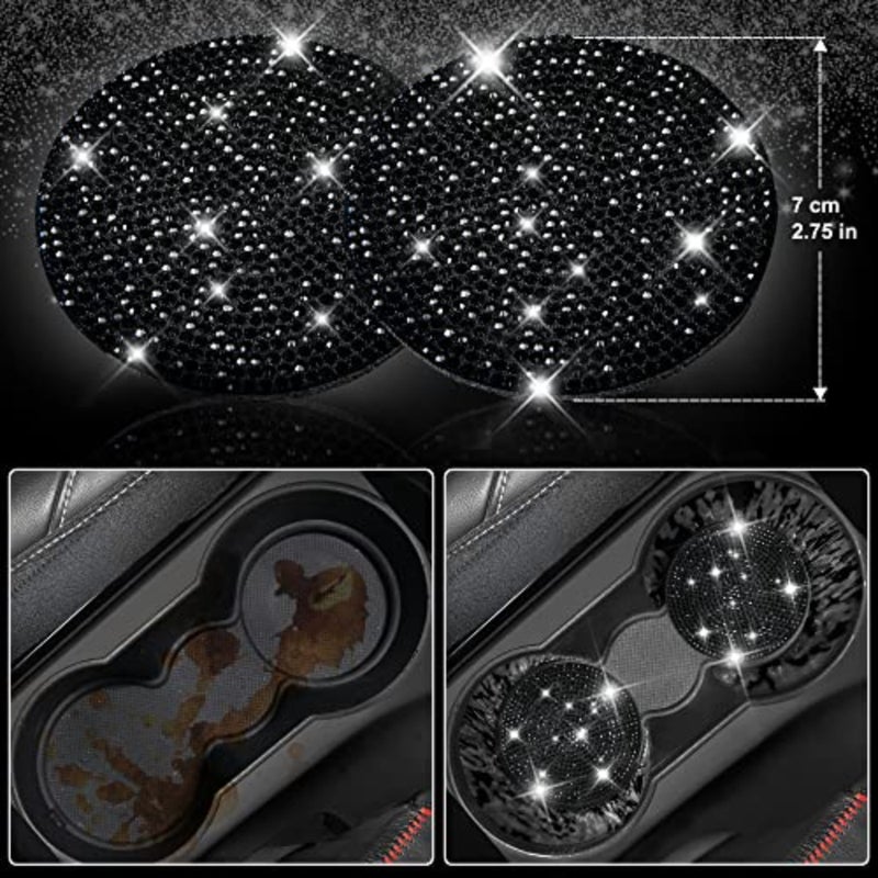 11 PCS Bling Diamond Car Accessories for Women, Sparkly Rhinestone, Bling Seat Belt Cushion, Glitter Shift Knob Cover, Car Cup Holder Coaster, Cute Interior Sets Black - Image 2
