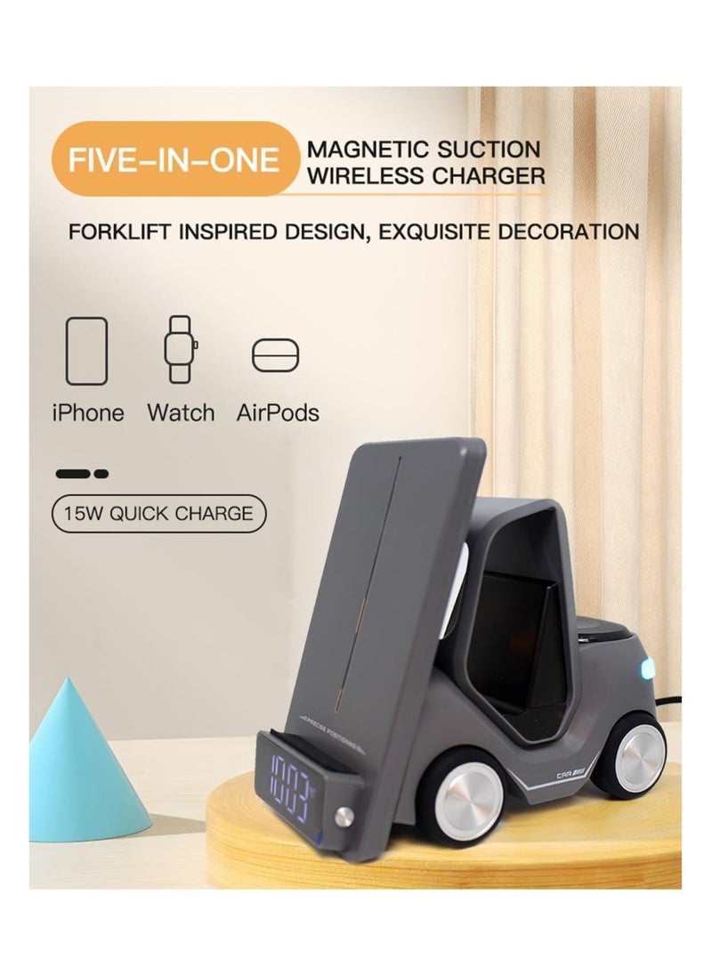 ELTRAZONE - 5 in 1 Wireless Charger – Forklift Design with 15W Fast Charging for Smartphone, 2.5W for Smartwatch, 5W for EarPods, Night Light, and Digital Clock – All-in-One Charging Station for Home & Office - Image 1