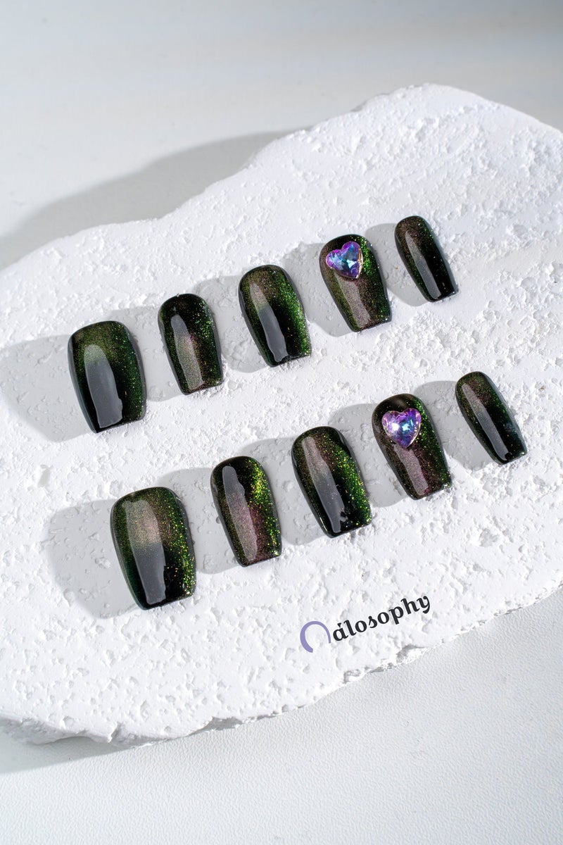 Nailosophy 10 Pcs Handmade Gel Press On Nails Square Short Black Cat Eye Heart Rhinestone Reusable False Nails Nail Kit for Women Party Wedding Eid Special Occasions - Image 2