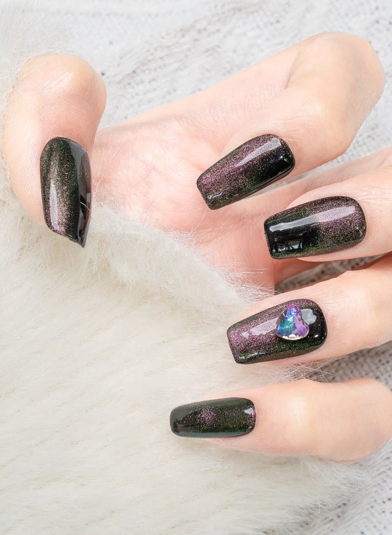 Nailosophy 10 Pcs Handmade Gel Press On Nails Square Short Black Cat Eye Heart Rhinestone Reusable False Nails Nail Kit for Women Party Wedding Eid Special Occasions - Image 1