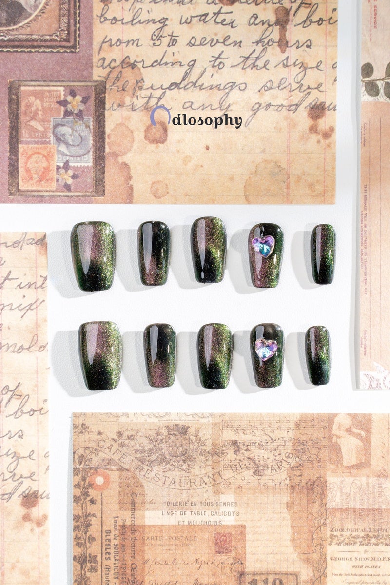Nailosophy 10 Pcs Handmade Gel Press On Nails Square Short Black Cat Eye Heart Rhinestone Reusable False Nails Nail Kit for Women Party Wedding Eid Special Occasions - Image 4