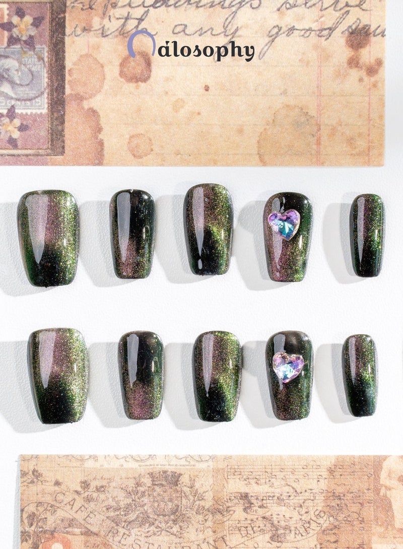 Nailosophy 10 Pcs Handmade Gel Press On Nails Square Short Black Cat Eye Heart Rhinestone Reusable False Nails Nail Kit for Women Party Wedding Eid Special Occasions - Image 3