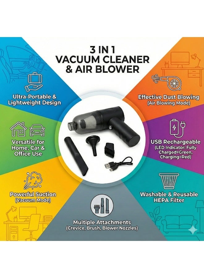3 in 1 Car Vacuum Cleaner, Portable Mini Handheld Vacuum with Strong Suction for Car and Home Cleaning, Rechargeable USB Vacuum Cleaner with Blow and Suction, Multi Nozzle - Image 4