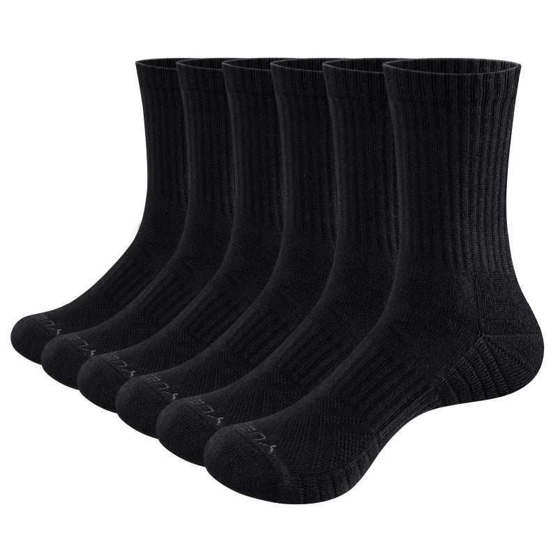YUEDGE Mens Black Cotton Crew Socks For Men Size 10-13, Moisture Wicking Cushioned Casual Work Everyday Gym Golf Tennis Workout Training Athletic Socks, 6 Pairs/Pack - Image 1