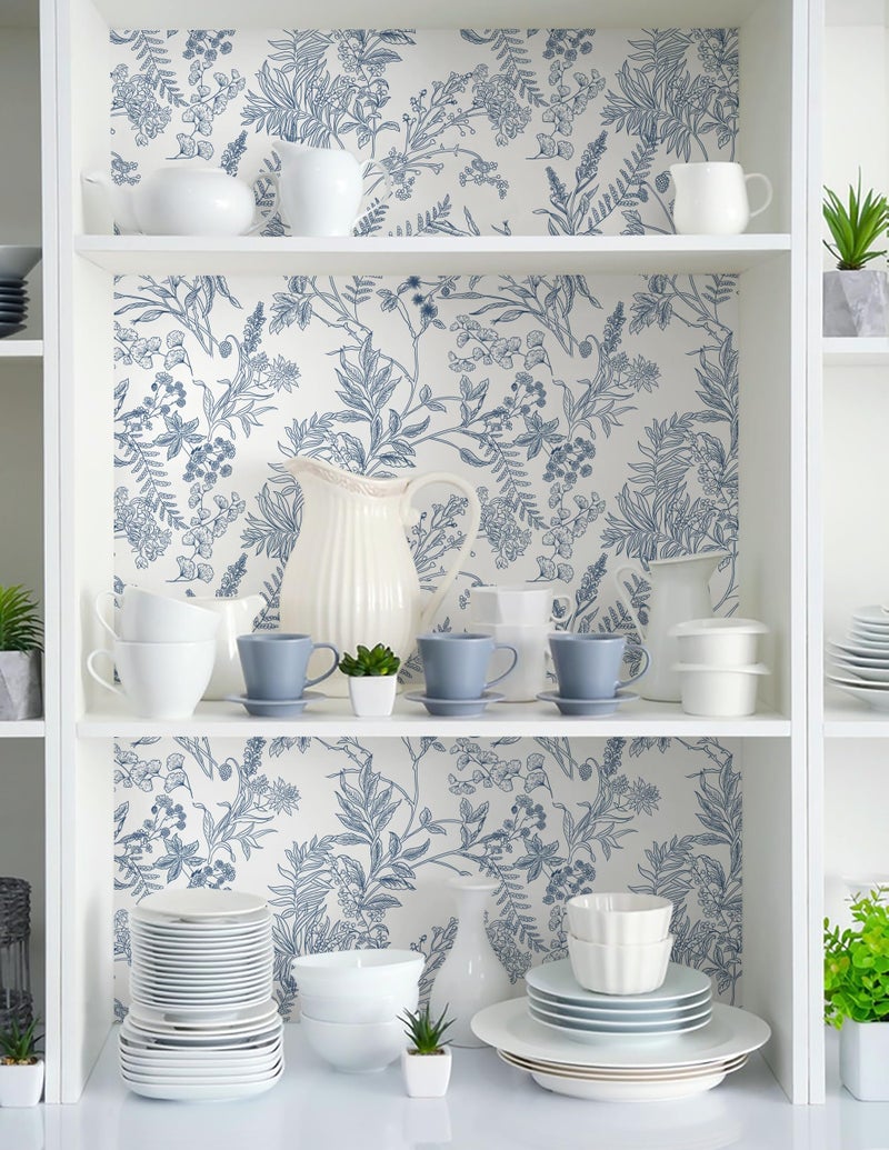 Micpolo Peel and Stick Wallpaper Blue and White Floral Wall Paper for Bedroom Blue Contact Paper for Cabinets Self-Adhesive Removable Wallpaper for Bathroom Kitchen Wall Decor 118" x 17.3" - Image 5