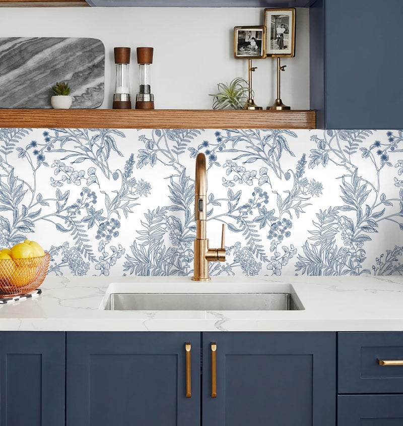 Micpolo Peel and Stick Wallpaper Blue and White Floral Wall Paper for Bedroom Blue Contact Paper for Cabinets Self-Adhesive Removable Wallpaper for Bathroom Kitchen Wall Decor 118" x 17.3" - Image 3