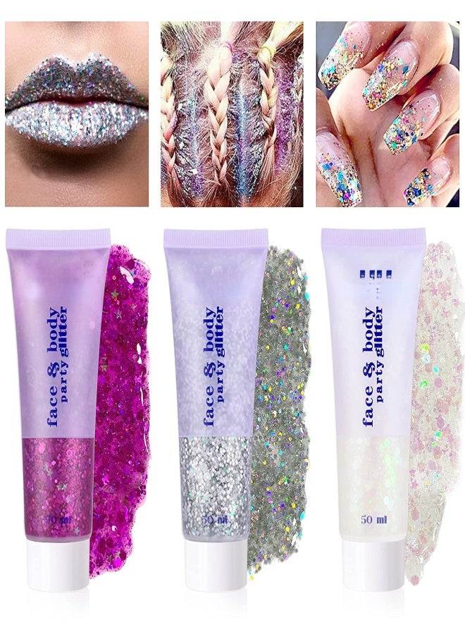 Maykawe Chunky Glitter Gel Glitter Body Gel Festival Glitter Cosmetic Face Hair Nails Makeup Mermaid Sequins Liquid Eyeshadow Long Lasting Sparkling 50 ml (#06 White) - Image 5