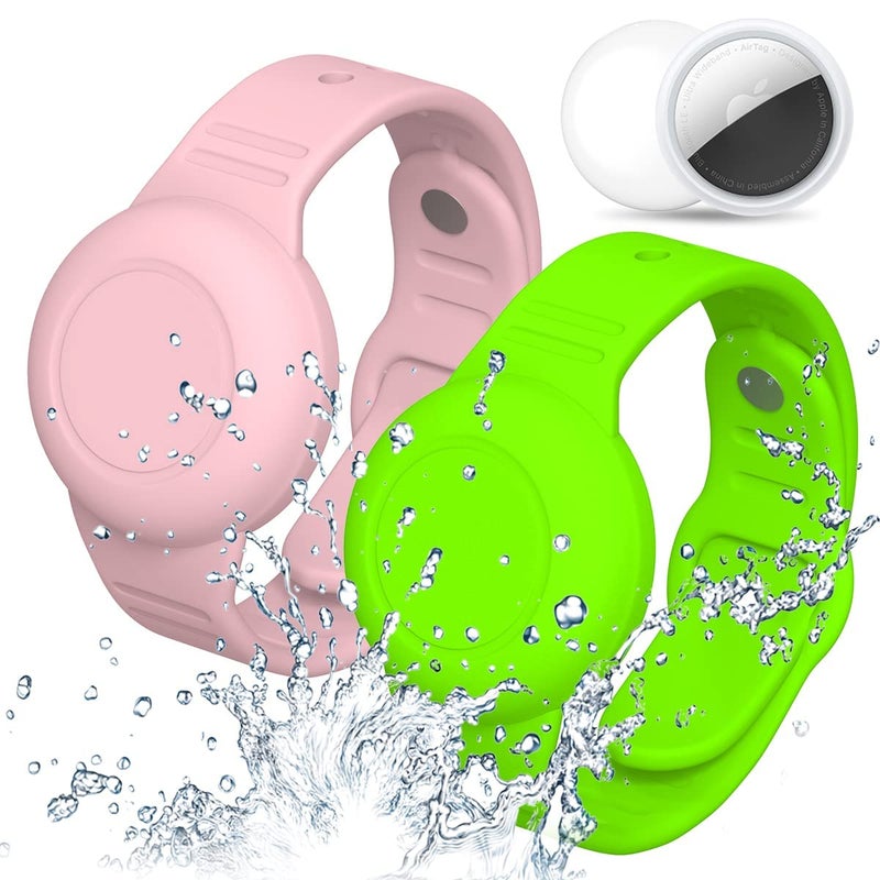 SYOSI (2 Pack) Waterproof Silicone AirTag Bracelets for Kids – Anti-Loss Full Case Cover Watch Bands (Pink + Green) - Image 1