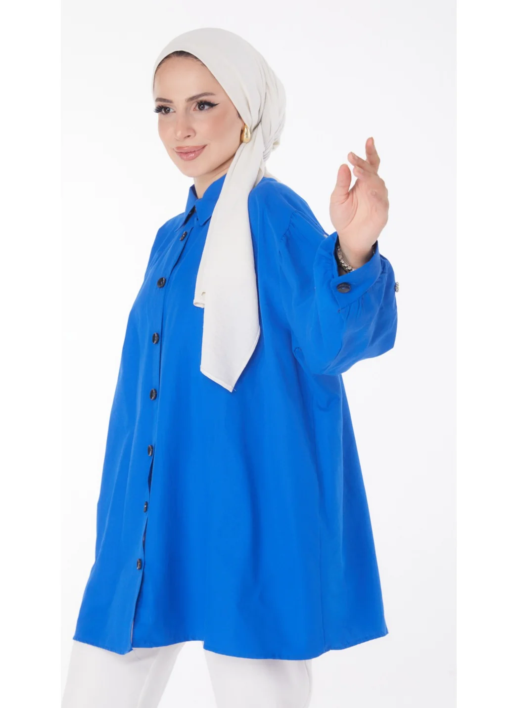 Tofisa Plain Shirt Collar Women's Blue Tunic - 13022