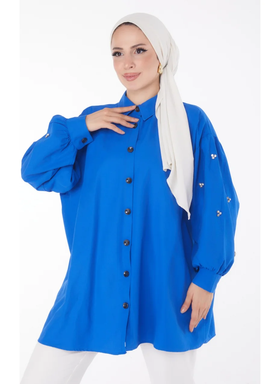 Tofisa Plain Shirt Collar Women's Blue Tunic - 13022