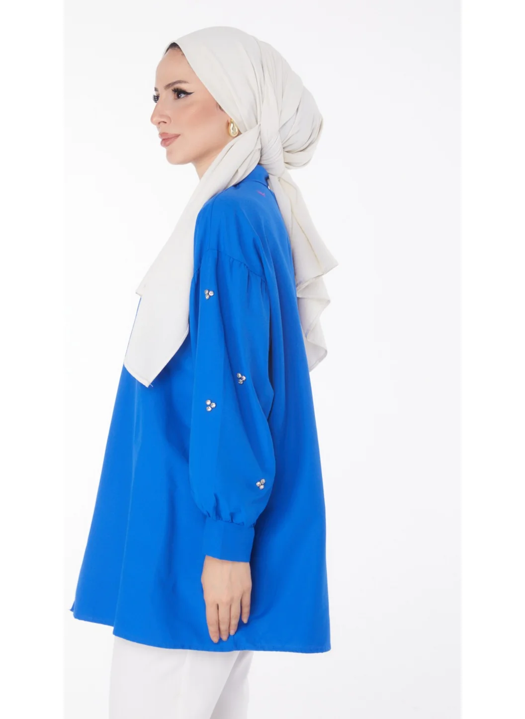Tofisa Plain Shirt Collar Women's Blue Tunic - 13022