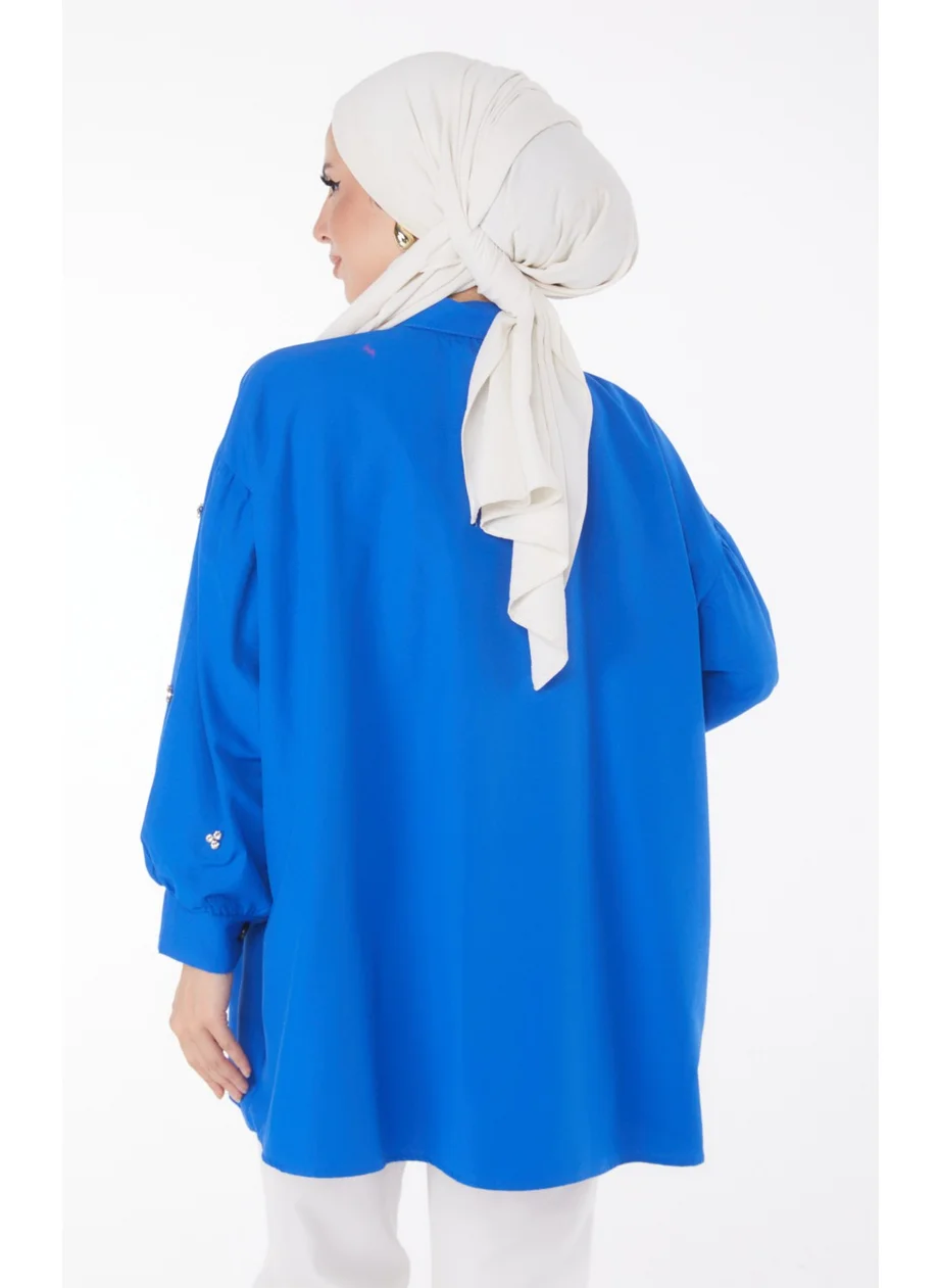 Tofisa Plain Shirt Collar Women's Blue Tunic - 13022