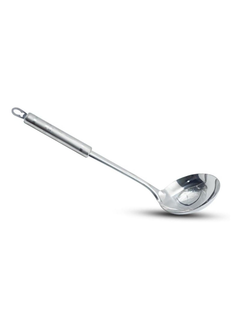 بيرام مغرفة شوربة بيرام من الفولاذ المقاوم للصدأ، ملعقة شوربة، أداة مطبخ، أداة طهي، ملعقة تقديم، آمنة للطعام، غير قابلة للتشوه، مدمجة، خفيفة الوزن، بمقابض بتصميم ورقة رباعية.