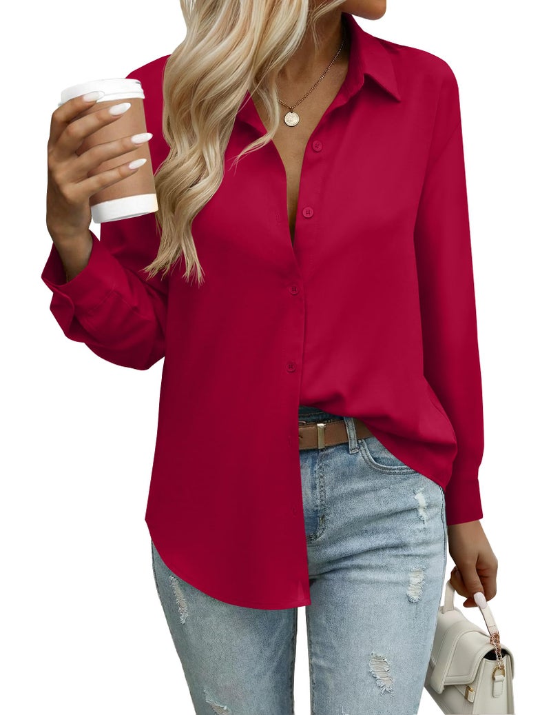 Zeagoo Womens Tops Long Sleeve Chiffon Button Up Shirts V Neck Casual Business Dressy Blouses Summer Loose Clothes Red M - Image 1