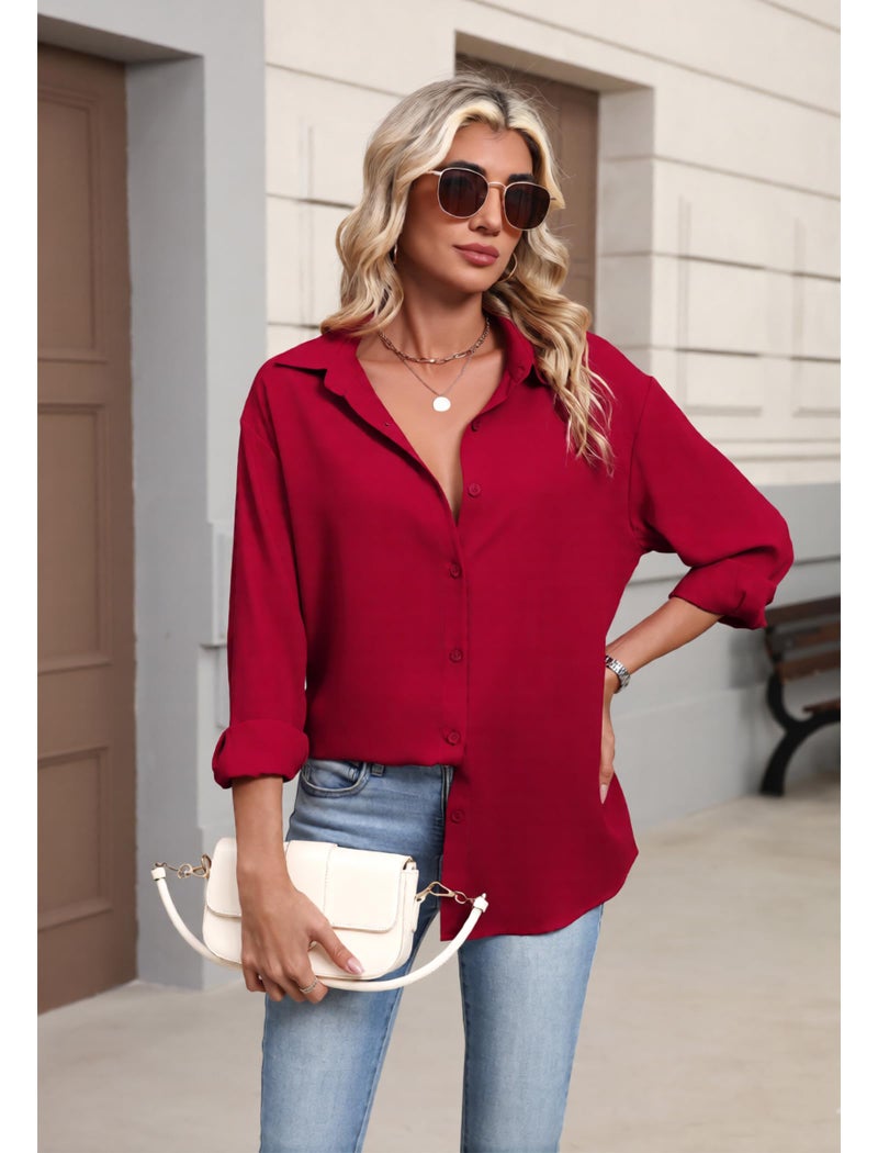 Zeagoo Womens Tops Long Sleeve Chiffon Button Up Shirts V Neck Casual Business Dressy Blouses Summer Loose Clothes Red M - Image 2