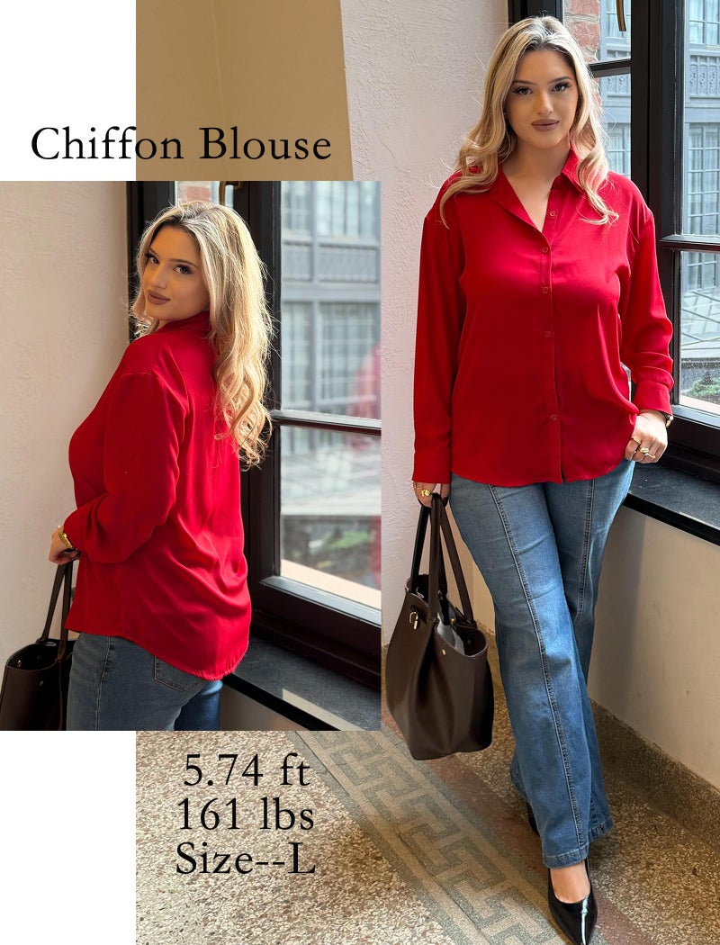 Zeagoo Womens Tops Long Sleeve Chiffon Button Up Shirts V Neck Casual Business Dressy Blouses Summer Loose Clothes Red M - Image 4