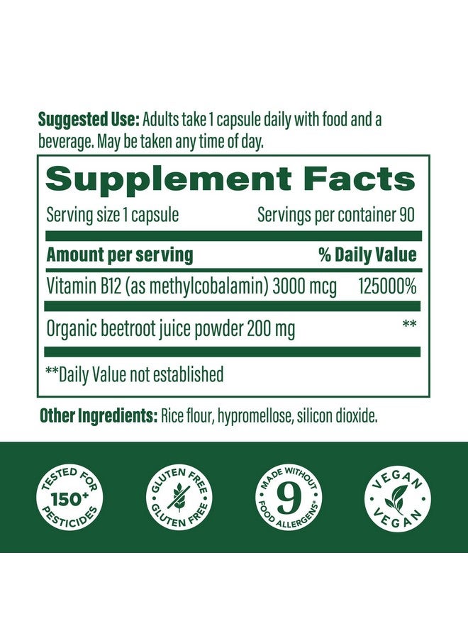MegaFood Extra Strength Methyl B12 Vitamins, Bioavailable Vitamin B12 3000mcg Per Serving, Supports Energy Metabolism & Nervous System Health, Beet Root, Vegan, Gluten Free, 90 Capsules, 90 Servings - Image 2