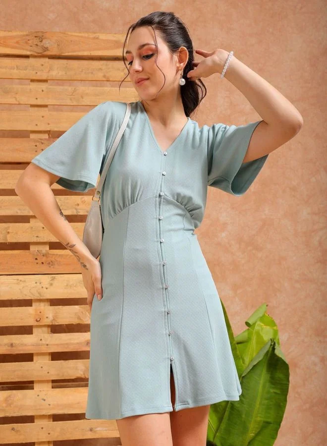 Women Fit and Flared Solid V-Neck Short Sleeve Shirt Dress