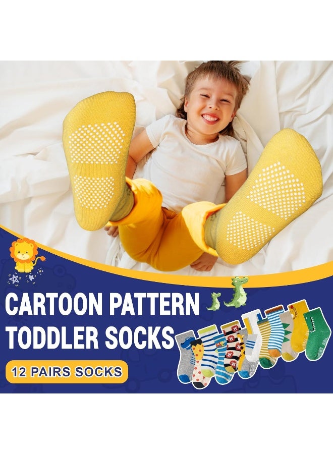 HYCLES HYCLES Toddler Non-Skid Grips Socks 12 Pairs Baby Kids Sticky Slipper Cotton Crew Socks 1-3/3-5/5-7T Children/Boy/Girl - Image 2