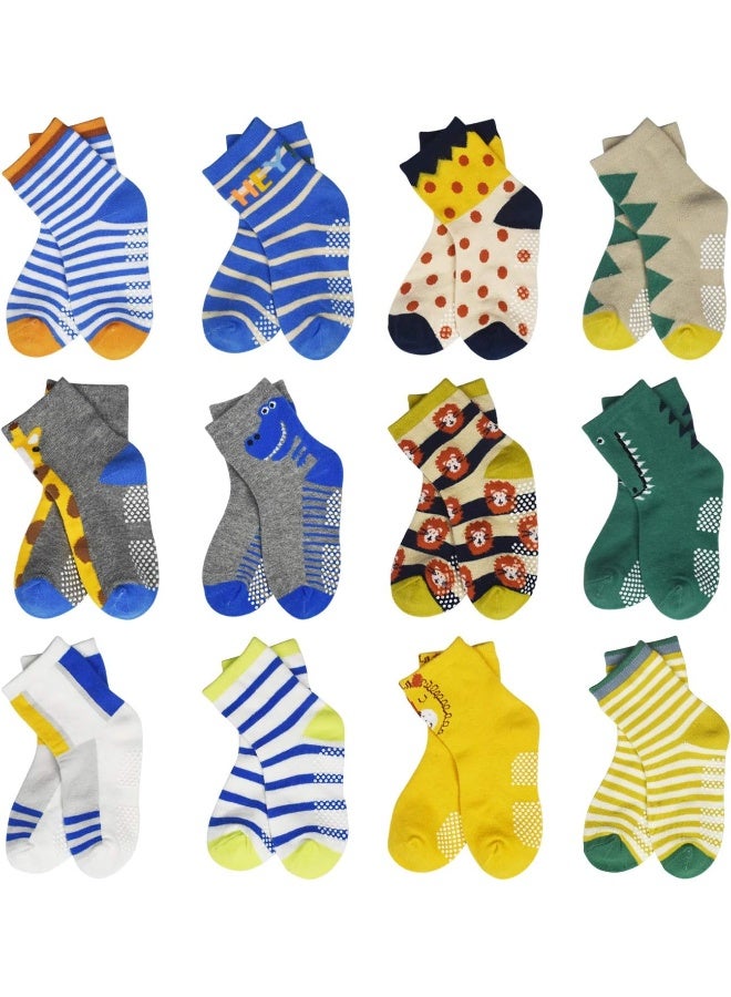 HYCLES HYCLES Toddler Non-Skid Grips Socks 12 Pairs Baby Kids Sticky Slipper Cotton Crew Socks 1-3/3-5/5-7T Children/Boy/Girl - Image 1