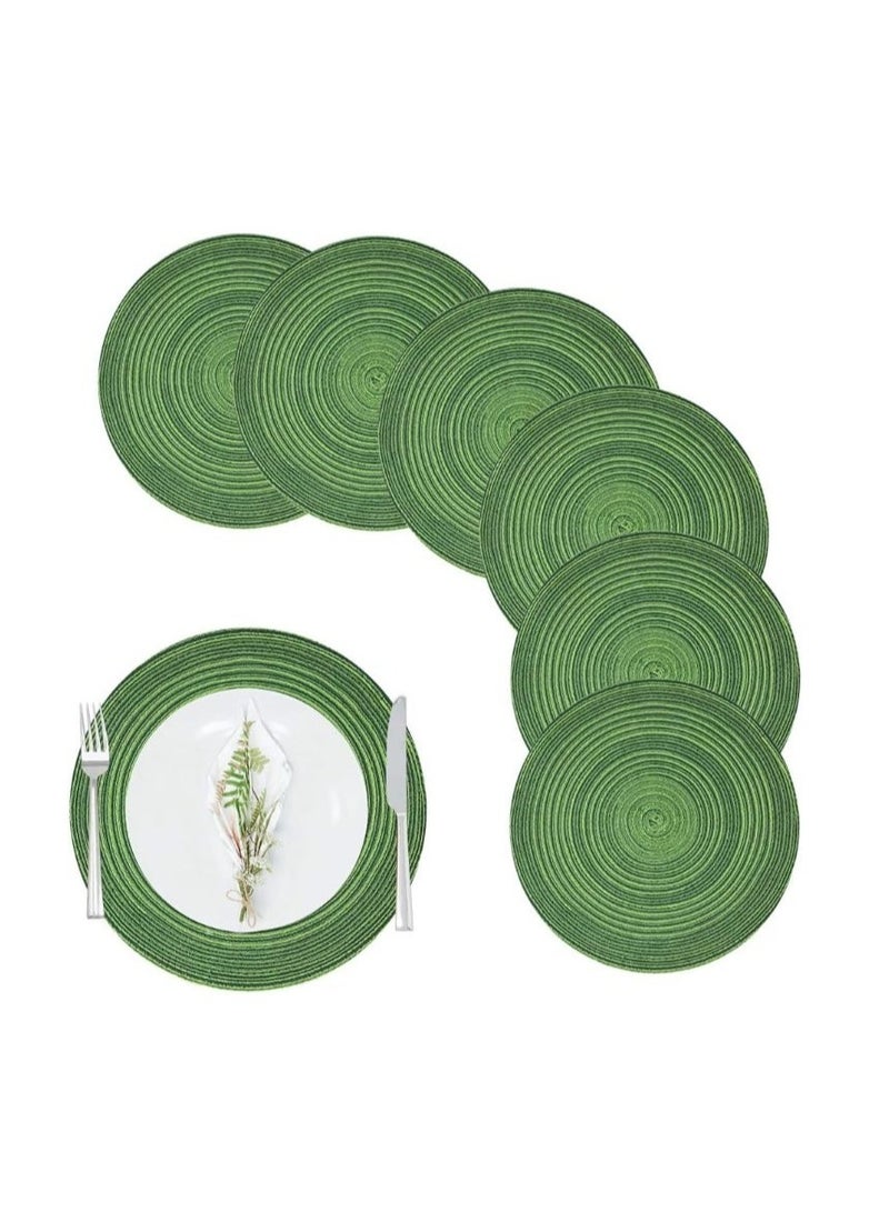 Arabest 6pcs Round Placemats, Large Dining Table Mats Woven Place Mat, Heat Insulation non slip Braided Cotton Dinner Table Mats, Round Placemats for Kitchen Dining Table Plate Mat for Party (Green) - Image 1