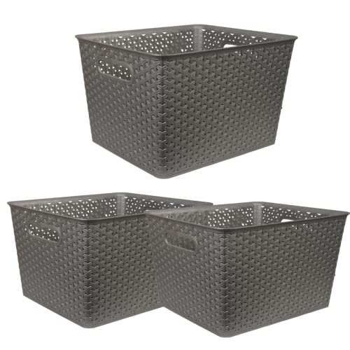 Homestrap Set Of 3 Plastic Storage Organizers/Baskets For Kitchen, Clothes, Multipurpose Vegetables, Toys, Books, Office, Stationery, Wardrobe(Large | Grey) - Image 1