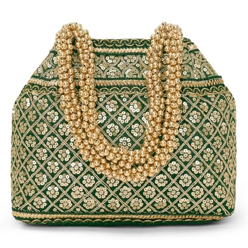 Peora Green Patterned Potli Bag Ethnic Wristlet Purse for Women & Girls - Image 1