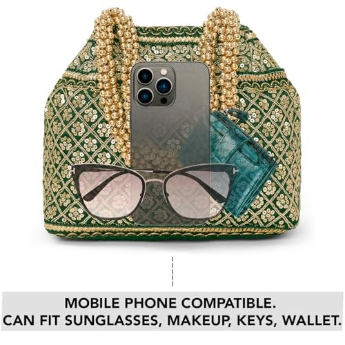 Peora Green Patterned Potli Bag Ethnic Wristlet Purse for Women & Girls - Image 5