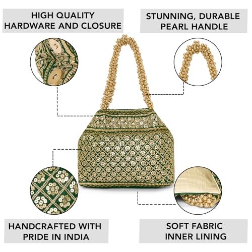 Peora Green Patterned Potli Bag Ethnic Wristlet Purse for Women & Girls - Image 4