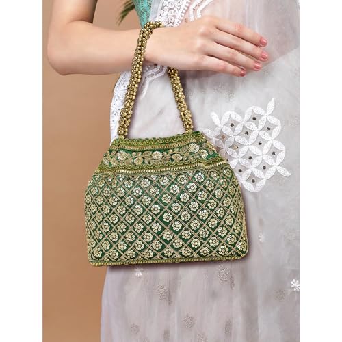 Peora Green Patterned Potli Bag Ethnic Wristlet Purse for Women & Girls - Image 2
