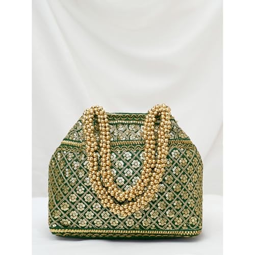Peora Green Patterned Potli Bag Ethnic Wristlet Purse for Women & Girls - Image 3