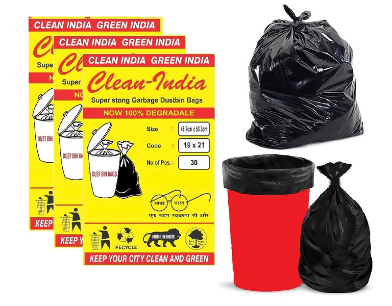 Clean India Garbage Bags/Dustbin Bags, Medium (19X21 Inches) 30 Bags X 3 Packets (M (90 Piece Bags)), Plastic, Black - Image 1