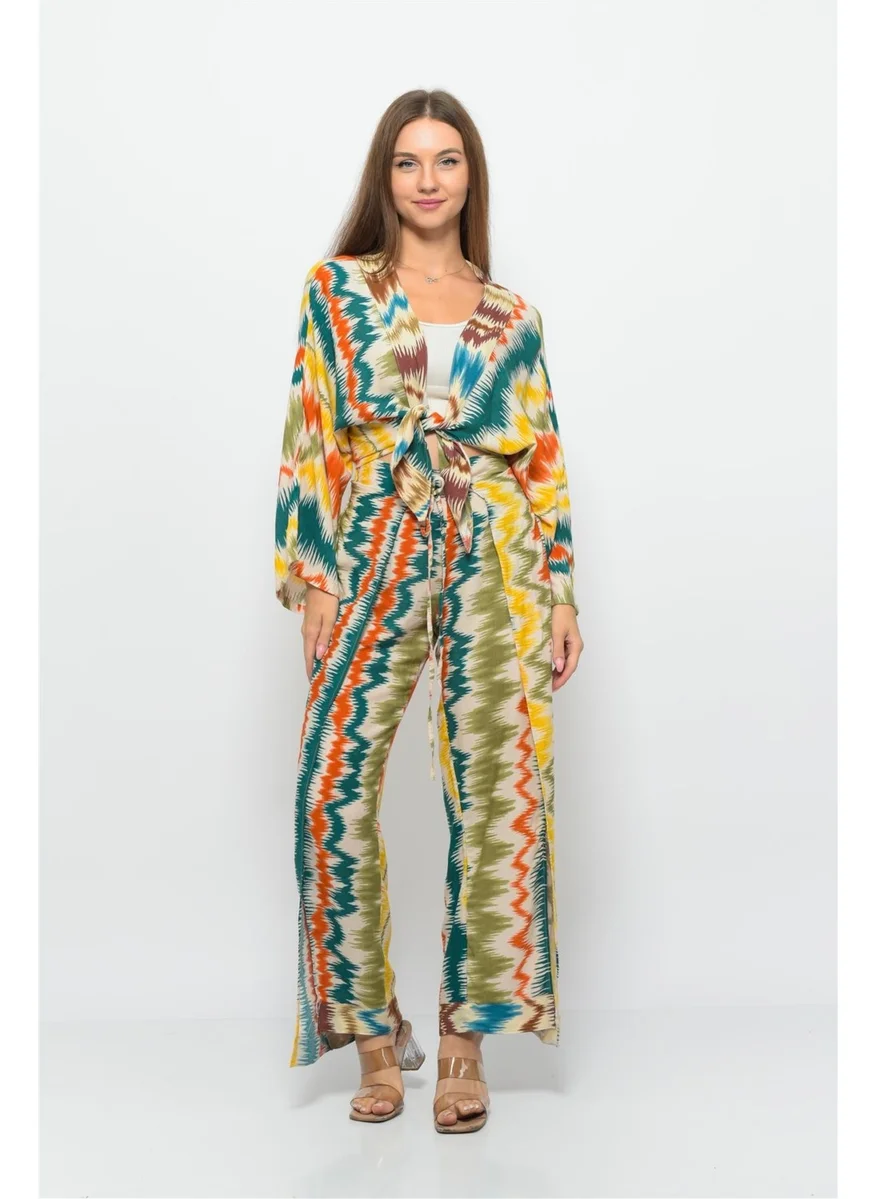 Nuseel Wave Patterned Pareo Trousers Patterned Yellow-Petroleum Blue