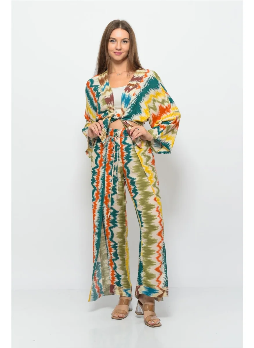 Nuseel Wave Patterned Pareo Trousers Patterned Yellow-Petroleum Blue