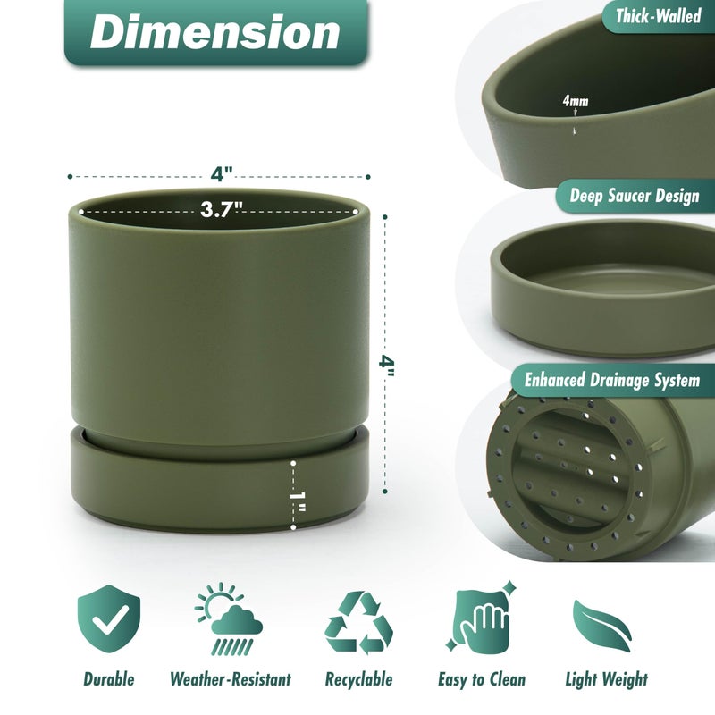 Phoenix Vine 4 Inch Planter Pot with Drainage Hole & Saucer, Deep Water Catch Tray, Straight Cylindrical Round Pot for Plants, Olive, Pack of 1, 23-F-R-1 - Image 3