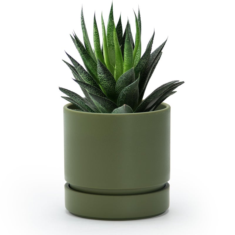 Phoenix Vine 4 Inch Planter Pot with Drainage Hole & Saucer, Deep Water Catch Tray, Straight Cylindrical Round Pot for Plants, Olive, Pack of 1, 23-F-R-1 - Image 1