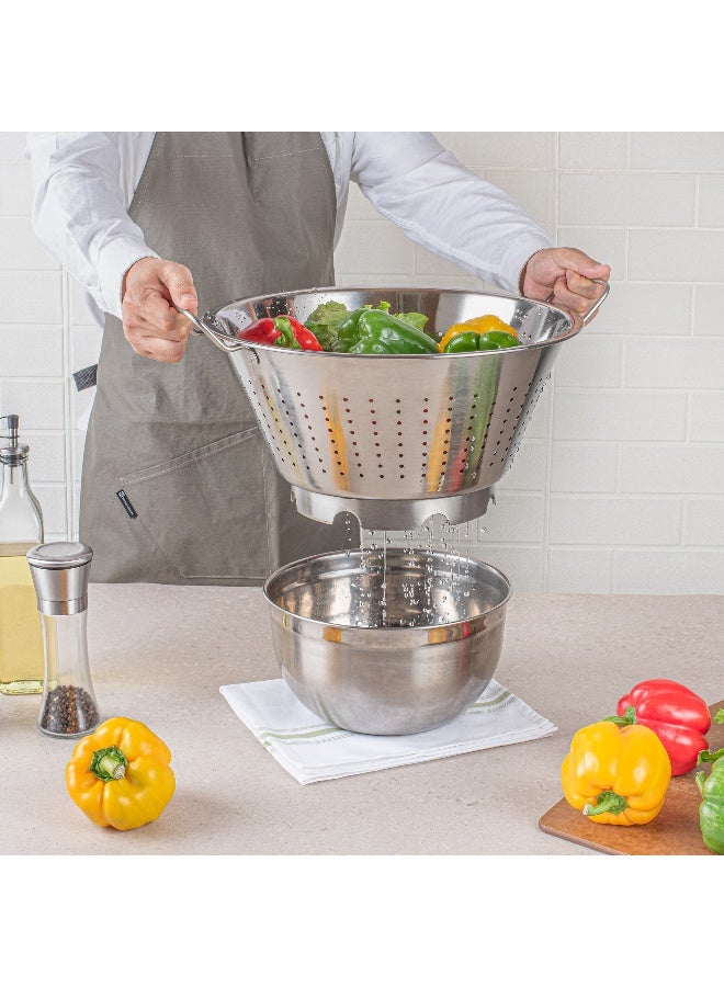 Met Lux 17 Inch x 14 Inch x 8.5 Inch Colander, 1 European Style Kitchen Colander - With Handles, Raised Base, Silver Stainless Steel Pasta Strainer, For Pasta, Produce, And Vegetables
